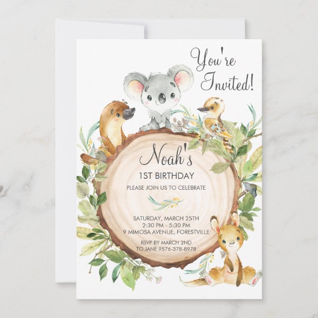 Cute Australian Animals Koala 1st Birthday Party  Invitation (Front)