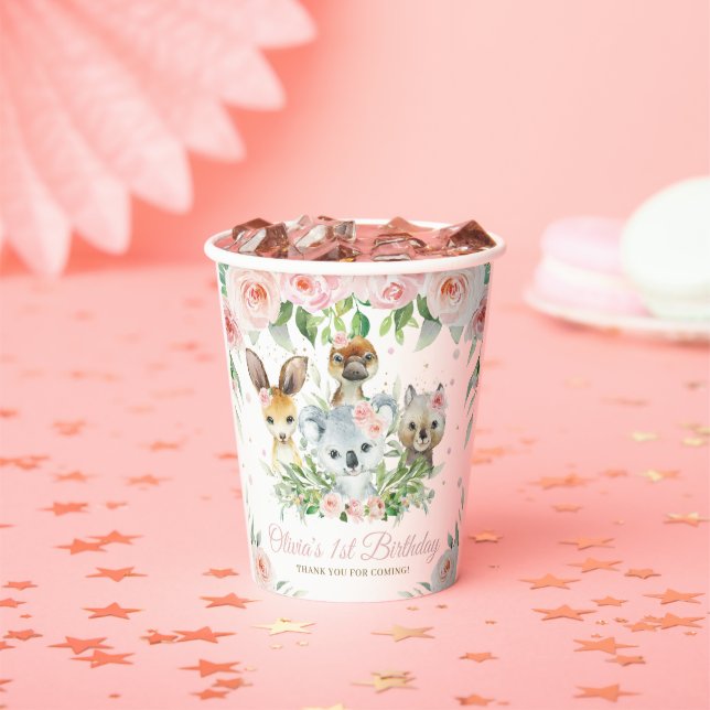 Cute Australian Animals Pink Floral 1st Birthday  Paper Cups (Insitu)