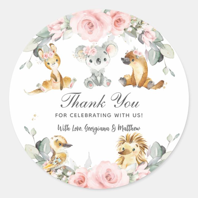 Cute Australian Animals Pink Floral Greenery Classic Round Sticker (Front)