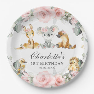Cute Australian Animals Pink Floral Greenery Paper Plate
