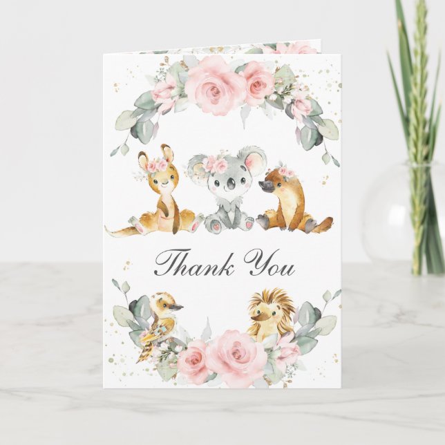 Cute Australian Animals Pink Floral Greenery Thank You Card (Front)