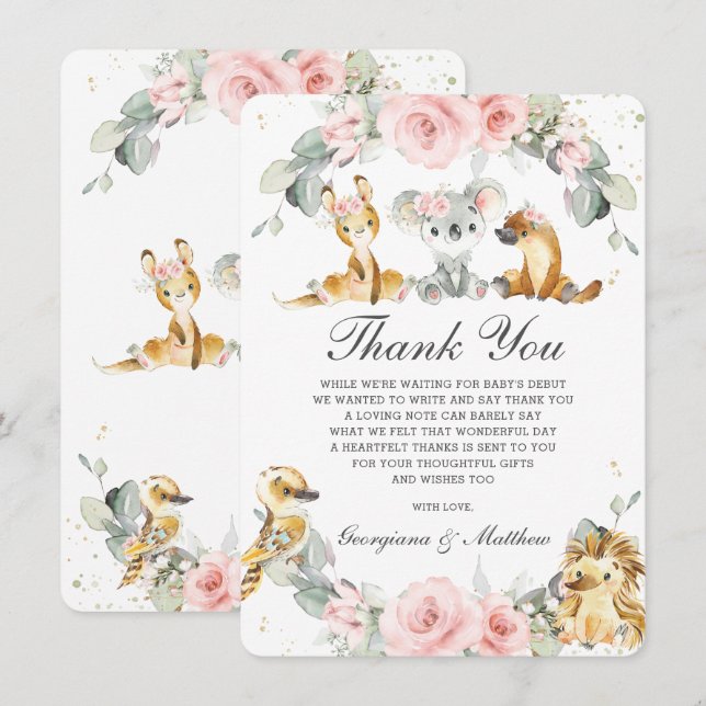 Cute Australian Animals Pink Floral Greenery Thank You Card (Front/Back)