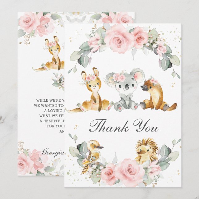 Cute Australian Animals Pink Floral Greenery Thank You Card (Front/Back)