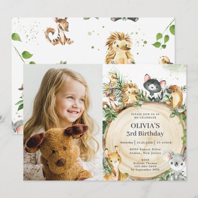 Cute Australian Animals Rustic Wood Birthday Photo Invitation (Front/Back)