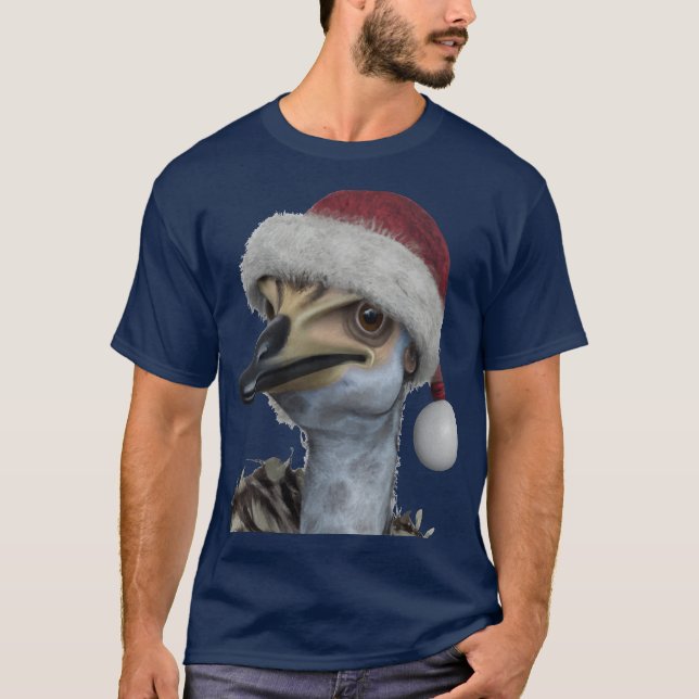 Cute Australian Emu Wearing A Festive Holiday Hat T-Shirt (Front)