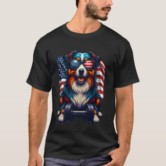 Cute Australian Shepherd Bodybuilder American Flag T-Shirt