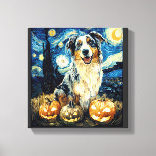 Cute Australian Shepherd Dog Halloween Jack O Lant Canvas Print