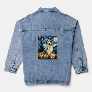 Cute Australian Shepherd Dog Halloween Jack O Lant Denim Jacket