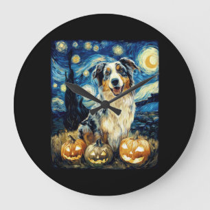 Cute Australian Shepherd Dog Halloween Jack O Lant Large Clock