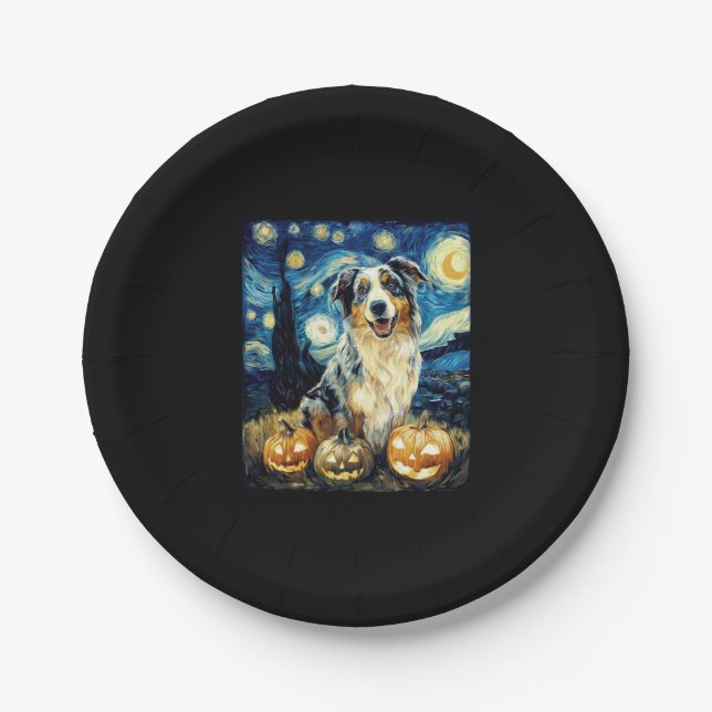 Cute Australian Shepherd Dog Halloween Jack O Lant Paper Plate (Front)