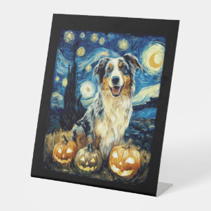 Cute Australian Shepherd Dog Halloween Jack O Lant Pedestal Sign