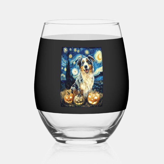 Cute Australian Shepherd Dog Halloween Jack O Lant Stemless Wine Glass (Front)