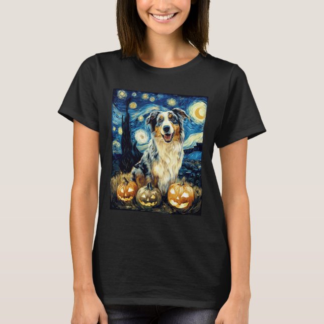 Cute Australian Shepherd Dog Halloween Jack O Lant T-Shirt (Front)