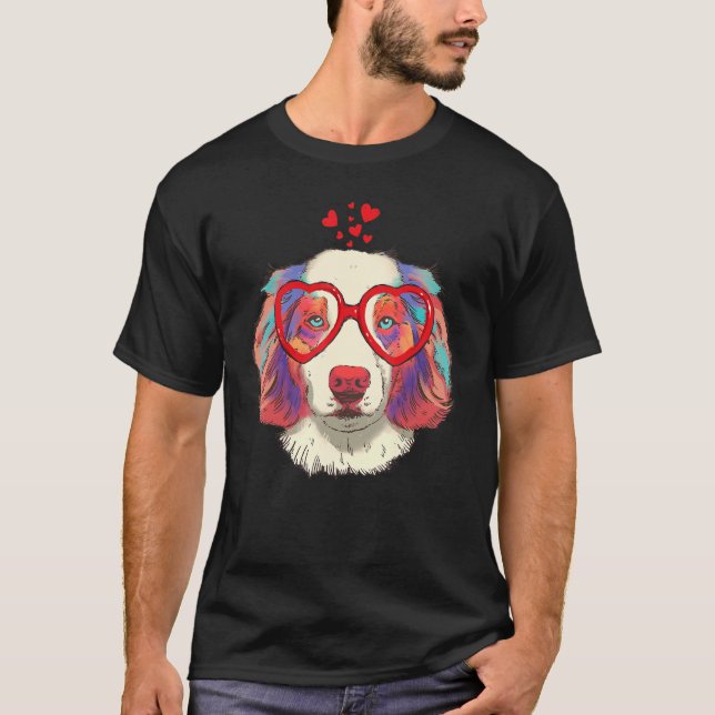 Cute Australian Shepherd Dog Sunglasses Love Valen T-Shirt (Front)