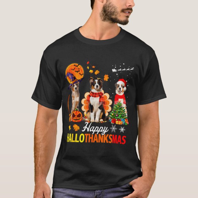 Cute Australian Shepherd Happy Hallothanksmas Xmas T-Shirt (Front)