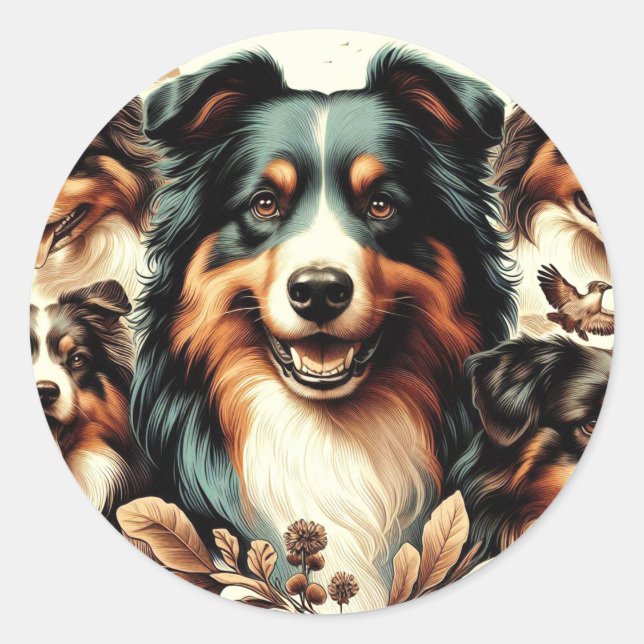 Cute Australian Shepherd Painting Classic Round Sticker (Front)