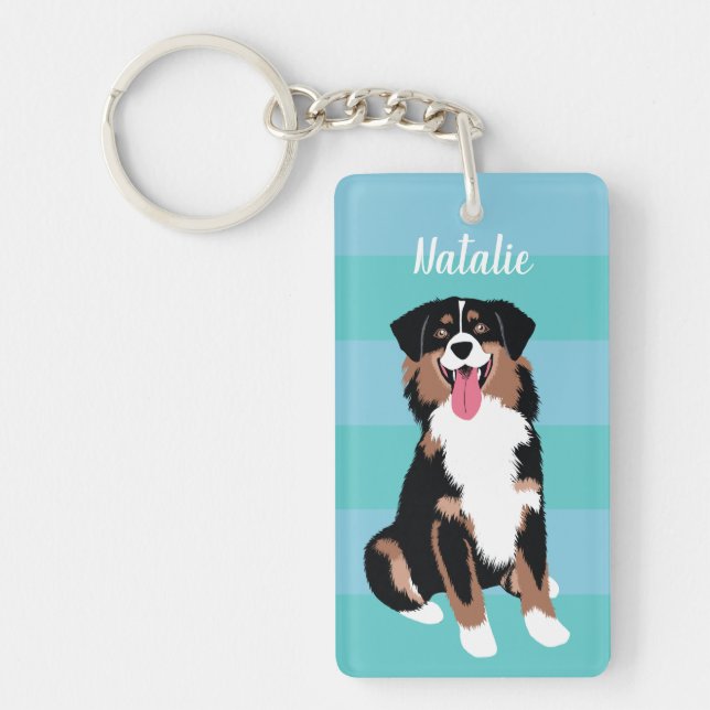 Cute Australian Shepherd Personalised | Blue Aqua Key Ring (Front)