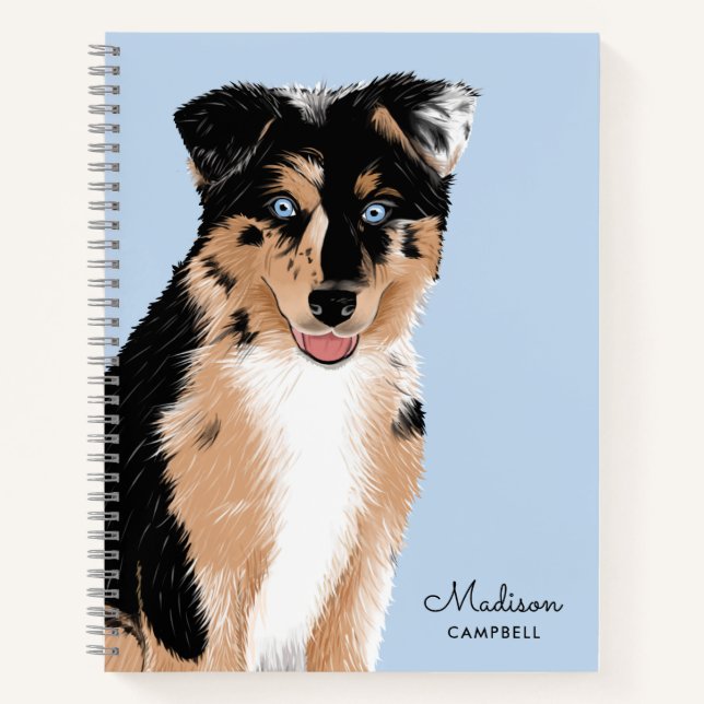 Cute Australian Shepherd Puppy Dog | Name | Blue Notebook (Front)