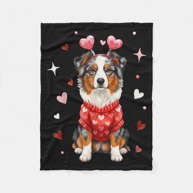 Cute Australian Shepherd Valentine Heart Valentine Fleece Blanket (Front)