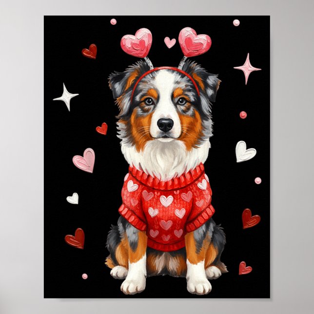 Cute Australian Shepherd Valentine Heart Valentine Poster (Front)