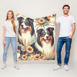 Cute Australian Shepherd Vintage Painting Fleece Blanket