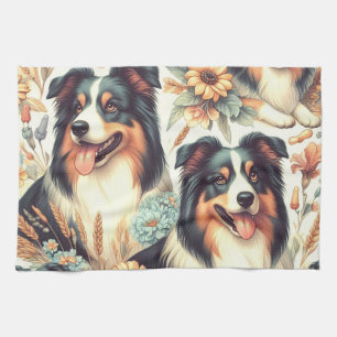 Cute Australian Shepherd Vintage Painting Tea Towel