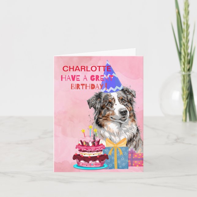 Cute Australian Shepherd With Cake Birthday  Card (Front)