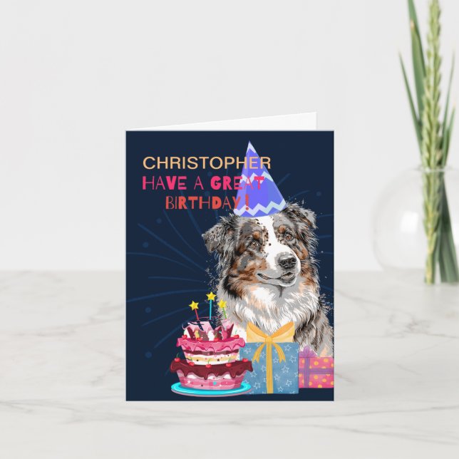 Cute Australian Shepherd With Cake Birthday Card (Front)