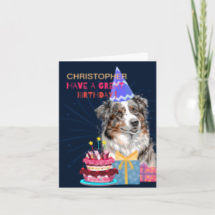 Cute Australian Shepherd With Cake Birthday Card