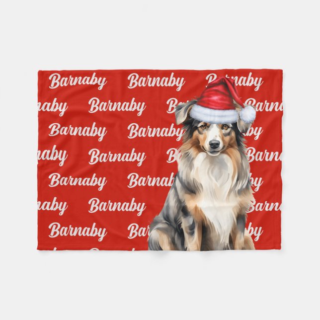 Cute Australian Shepherd with Dog Name Christmas Fleece Blanket (Front (Horizontal))