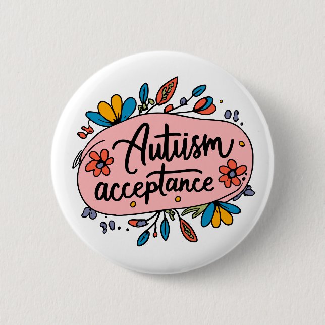 Cute Autism Acceptance Pink Blue Yellow Flowers 6 Cm Round Badge (Front)
