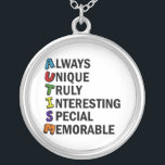 Cute Autism Awareness Acrostic Silver Plated Necklace<br><div class="desc">A beautiful acrostic word poem for Autism. Always Unique Truly Interesting Special Memorable. Great positive attributes of being autistic. I love someone with autism. Acronyms are so cool.</div>