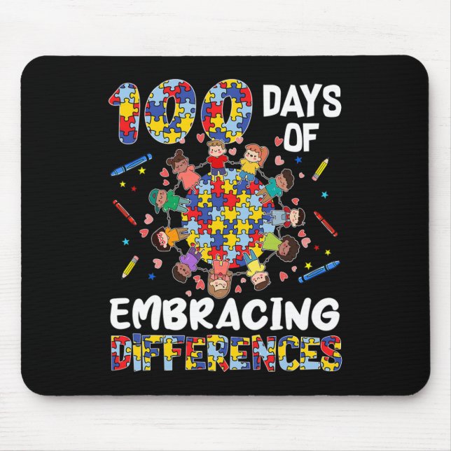 Cute Autism Awareness Embrace Differences 100 Days Mouse Mat (Front)