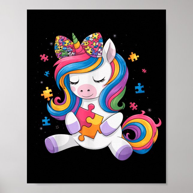 Cute Autism Awareness Toddler Girl Bow Unicorn Puz Poster (Front)