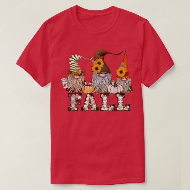 Cute Autumn 3 Gnomes Fall Coffee Pumpkins Thanksgi T-Shirt (Design Front)