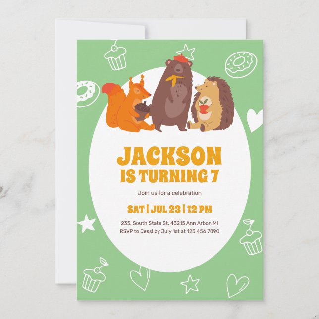 Cute Autumn Animals Bear Squirrel Kids Birthday Invitation (Front)