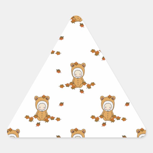 Cute Autumn Babies in Falling Leaves Pattern Triangle Sticker (Front)