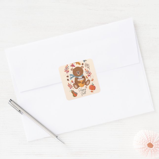 Cute autumn baby bear with honey and custom text  square sticker (Envelope)