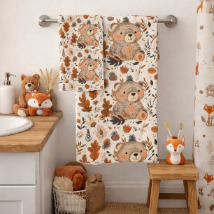 Cute Autumn Bear & Woodland Foliage Pattern Bath Towel Set