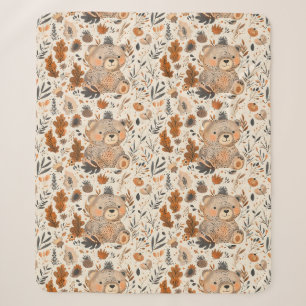 Cute Autumn Bear & Woodland Foliage Pattern Sherpa Blanket