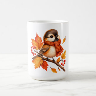 Cute Autumn Bird with Cosy Scarf – Fall Leaves Coffee Mug