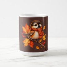 Cute Autumn Bird with Cosy Scarf – Fall Leaves