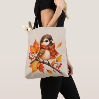 Cute Autumn Bird with Cosy Scarf – Fall Leaves Tote Bag