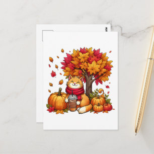 Cute Autumn Cat with Iced Coffee Pumpkins Postcard