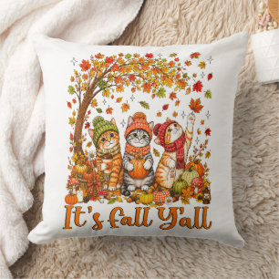 Cute Autumn Cats Leaves Pumpkin "It's Fall Y'All" Cushion