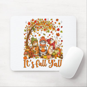 Cute Autumn Cats Leaves Pumpkin "It's Fall Y'All" Mouse Mat