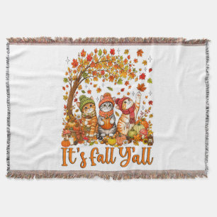 Cute Autumn Cats Leaves Pumpkin "It's Fall Y'All" Throw Blanket