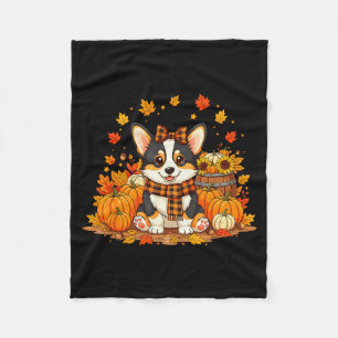 Cute Autumn Corgi Dog With Pumpkins And Plaid F Fa Fleece Blanket