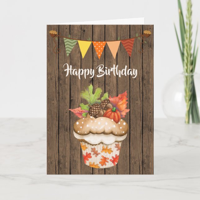 Cute Autumn Cupcake and Bunting Fall Birthday Card (Front)