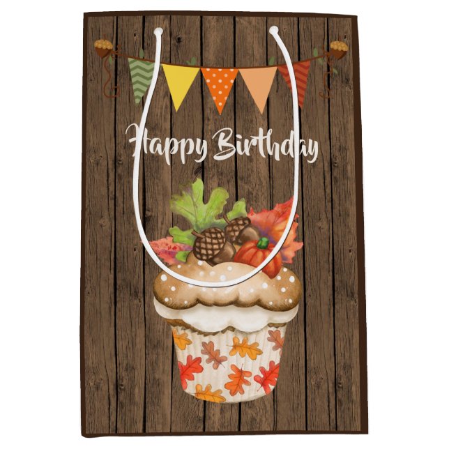 Cute Autumn Cupcake and Bunting Fall Birthday Medium Gift Bag (Front)